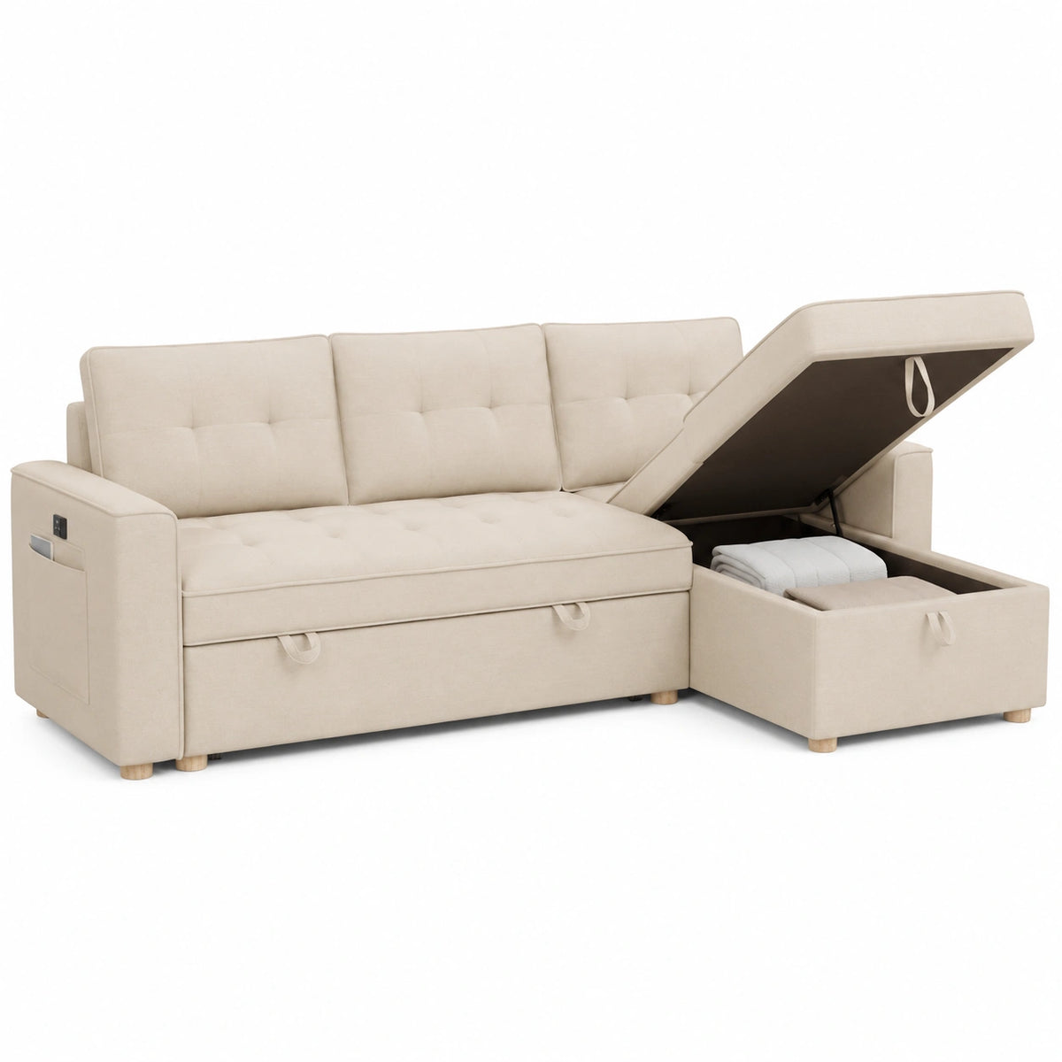 Sofá Cama Chaise Longue Reversible con Arcón 127L Beige