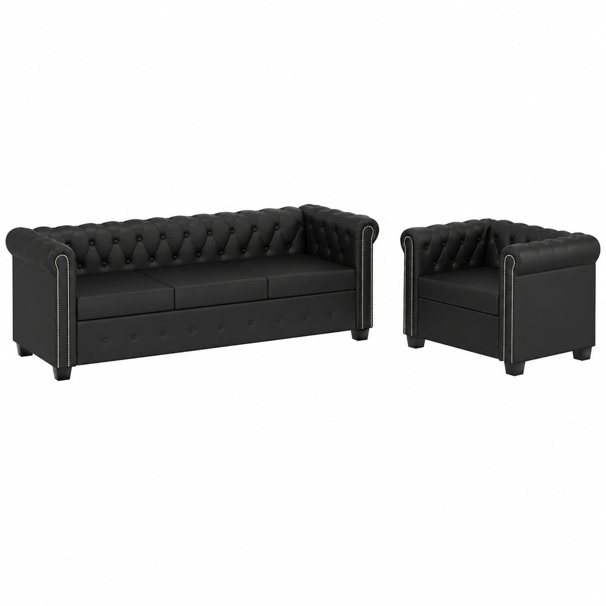 Conjunto de Sofás Chesterfield 2+3 Plazas de Piel Sintética en Negro