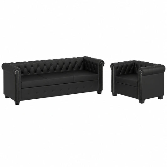 Conjunto de Sofás Chesterfield 2+3 Plazas de Piel Sintética en Negro