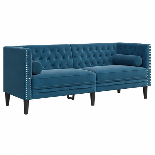 Sofá Chesterfield de Terciopelo Azul para Tres Personas con Cojines