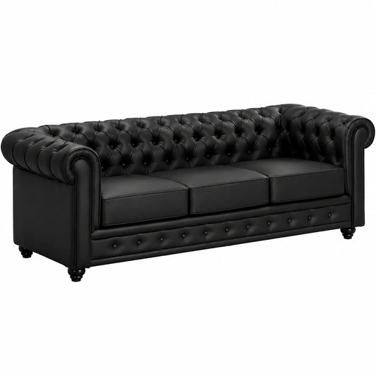 Sofá Chesterfield de 3 plazas en Simil Piel Negro - Exclusiva Oferta