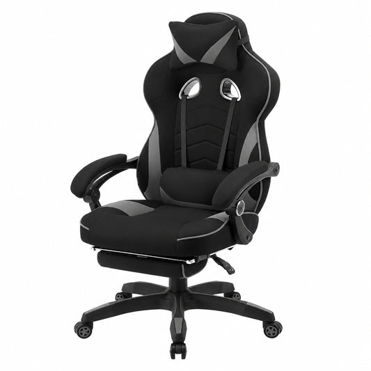 Silla Gamer Ergonómica de Tela Transpirable con Reposapiés, Sillón Giratorio para Oficina y Videojuegos, Asiento Ancho y Cómodo, Negro y Gris
